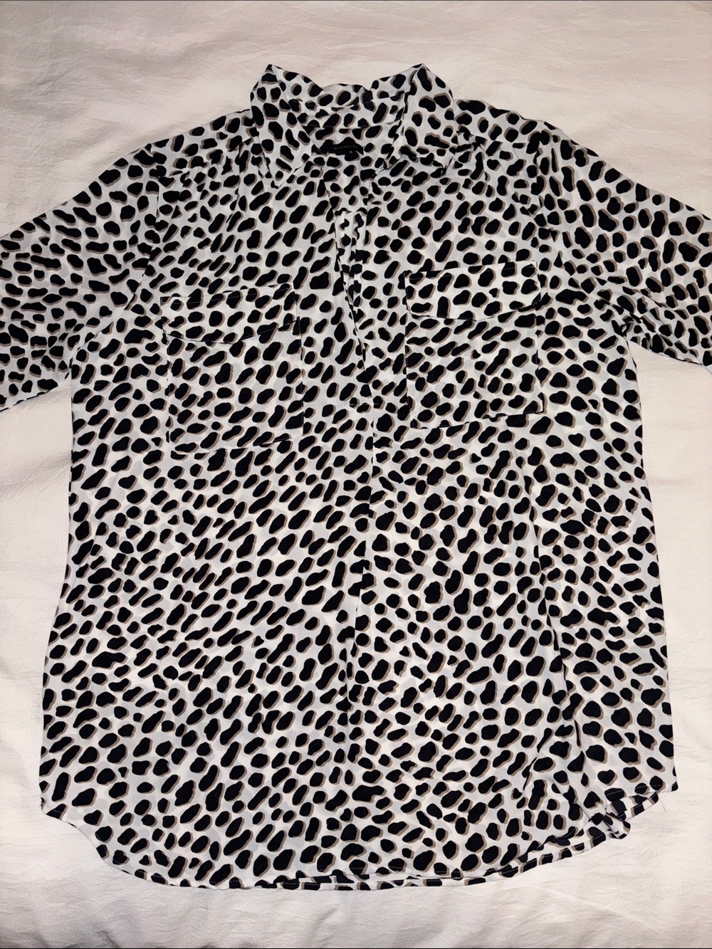 Ann Taylor Black and White Spot Print Casual Button-Down Shirt